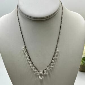 Vintage 925 Sterling Silver Crystal Rock Quartz Teardrop Fringe Necklace 16"